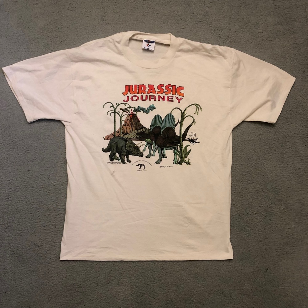 Vtg Jurassic Journey Dinosaur T-Shirt Cream XL Newark Ohio Triceratops